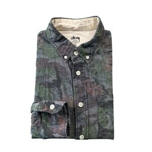 Stussy Deluxe Gray Green Red Floral Button Front Cotton Shirt Mens Small LS